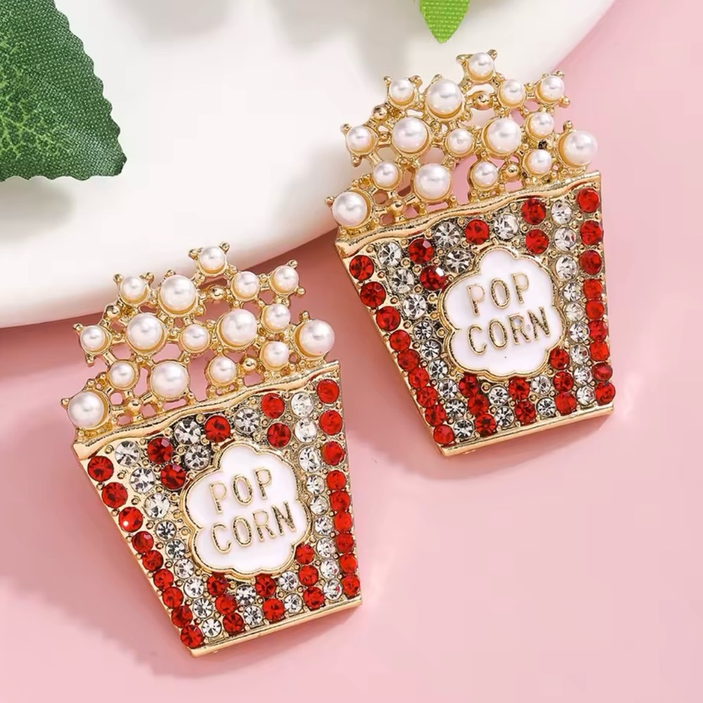 Pearl Popcorn Sparkle Movie Theater Stud Rhinestone Earrings Women Fashion